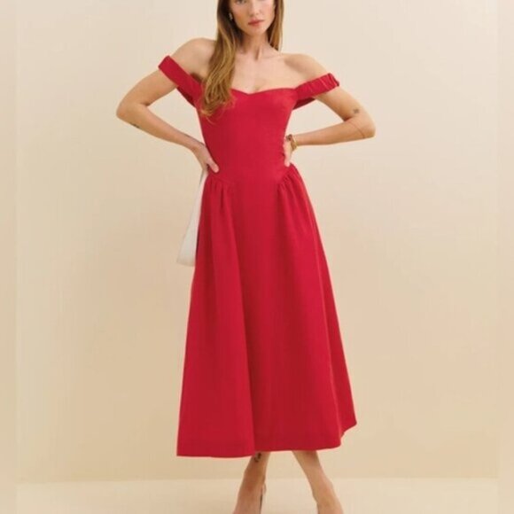 NEW Reformation Monet Linen Midi Dress Lipstick Red Off-Shoulder | size 0 - Picture 1 of 14